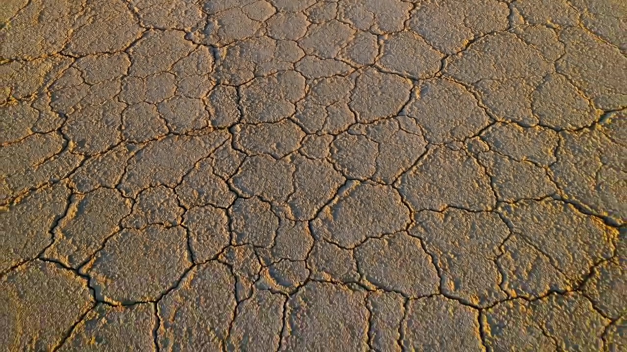 乾燥した大地が不規則な多角形の泥の板に分かれている様子を、斜め上から俯瞰で捉えた一枚。はっきりとした亀裂、もろい縁、粗い粒、暖かい日差し、そして表面全体に強いコントラストが際立つ。