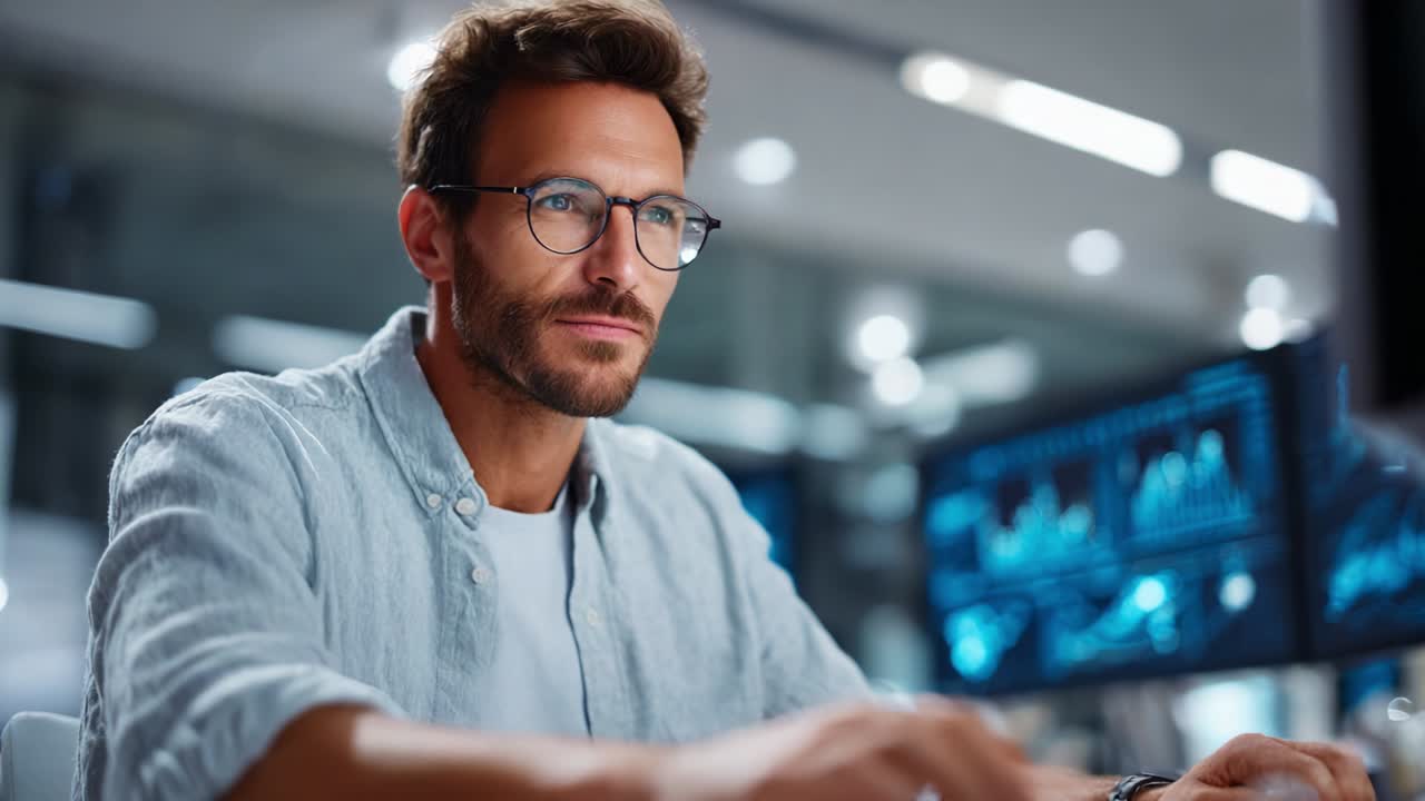 Focused professional engaged in analytical tasks at a modern workspace, showcasing concentration and determination while using a computer to interpret complex data visuals and making critical decisions