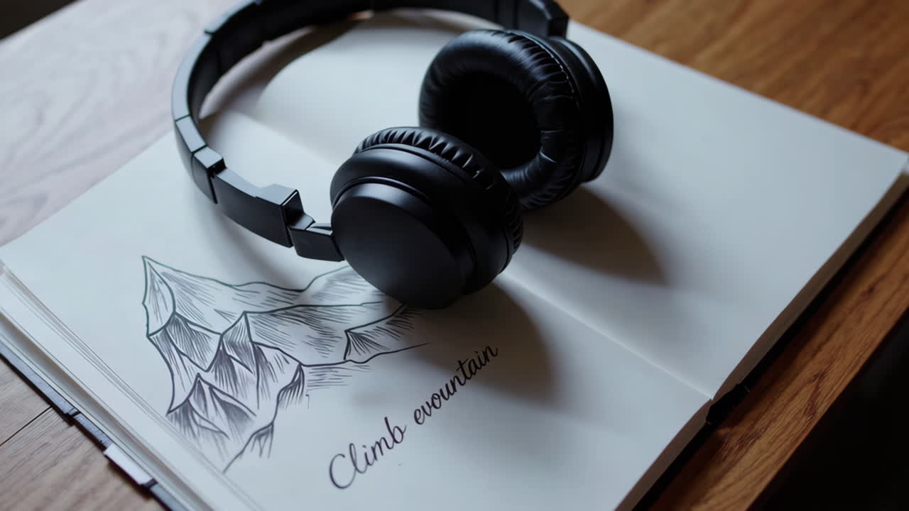 Headphones on Open Notebook with Mountain Sketch