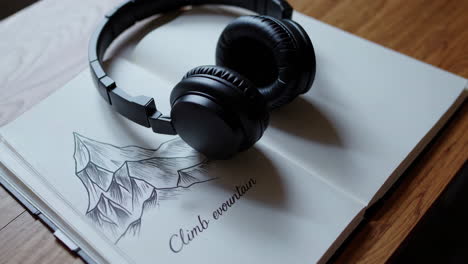 headphones on open notebook with mountain sketch