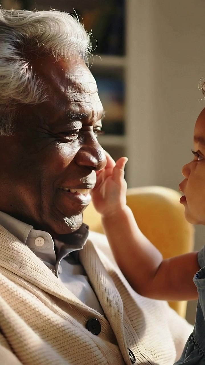 Vertical video: Reaching toddler in denim exploring grandpa's face at home, grandpa smiling