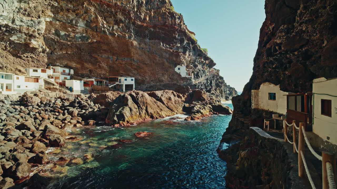 Panoramic view inside the Porís de Candelaria in Palma Island, Canary Islands, Spain. Fishing village inside a rugged coastline cave. Hidden Gem.