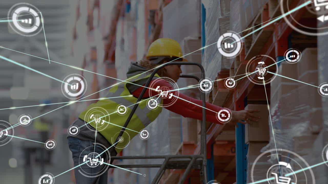 red de iconos digitales contra una trabajadora afroamericana que trabaja en un almacén