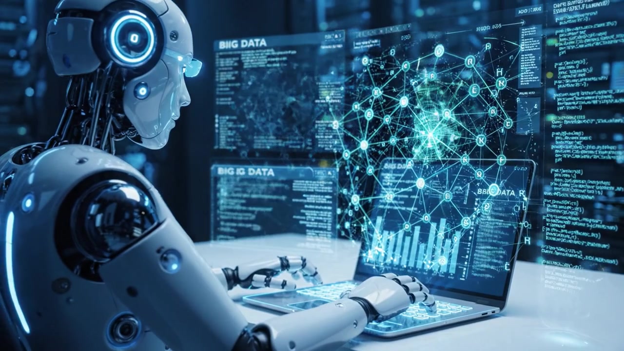 A futuristic humanoid robot interacts with advanced data analytics software, visualizing complex information in a tech-driven environment filled with servers and digital interfaces.
