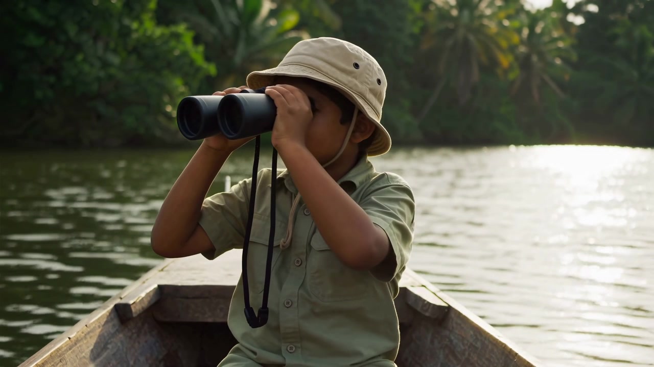 Indossando un cappello da sole beige e una camicia verde chiaro, un bambino scruta l'acqua con il binocolo mentre è seduto vicino alla prua, con una fitta vegetazione tropicale che riempie la riva del fiume.