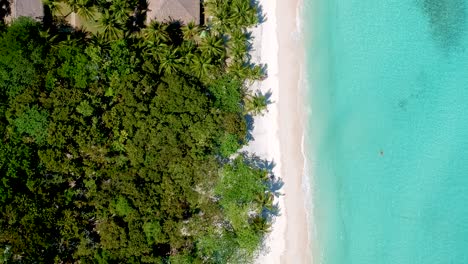 Luftaufnahme-Eines-Wunderschönen-Weißen-Strandes-Und-Türkisfarbenen-Meeres-Von-Oben-Nach-Unten