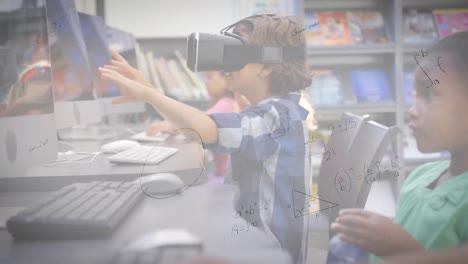 Mathematical-equations-floating-against-caucasian-boy-wearing-vr-headset-at-elementary-school