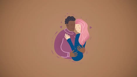 animation of illustration of happy biracial couple embracing on brown background