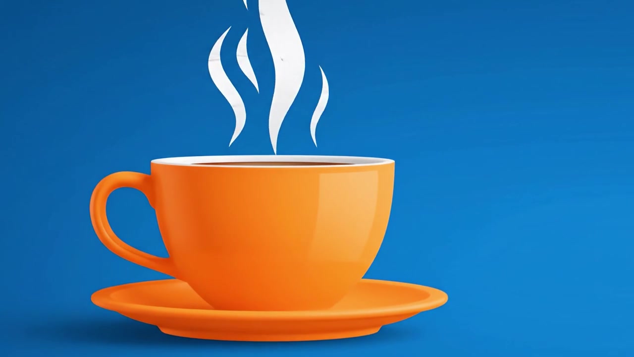 Una tazza di caffè arancione vivace su uno sfondo blu brillante, con vapore che sale dalla bevanda calda, perfetta per il rinvigorimento e il piacere mattutino.