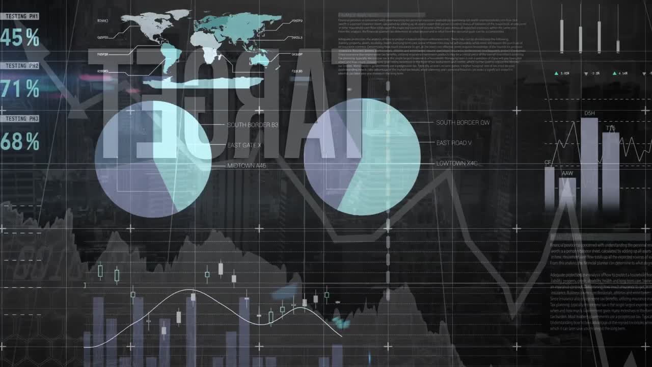 Animation of infographic interface, target text and graphs over aerial view of cityscape