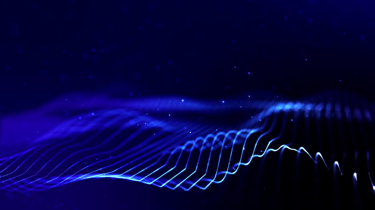 Glow blue particles form lines, surfaces, complex string structures in smooth motion like in microworld or space. 4k looped sci-fi particle background with bokeh and light effects.