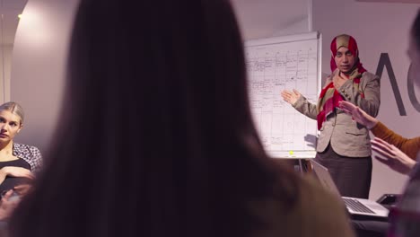 mujer musulmana en una moderna oficina de coworking de espacio abierto dando una presentación al equipo. mujer de negocios árabe de oriente medio en una oficina de startup creativa. empresario discapacitado en silla de ruedas en una reunión de equipo