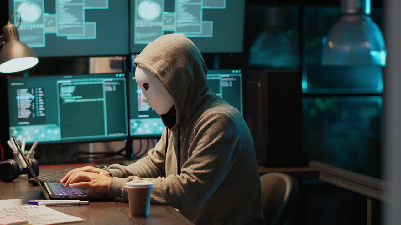 Anonymous Hacker Coding on Laptop in Dark Room