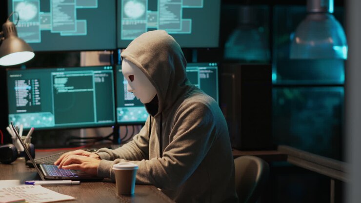 Anonym hacker, der koder på bærbar computer i et mørkt rum