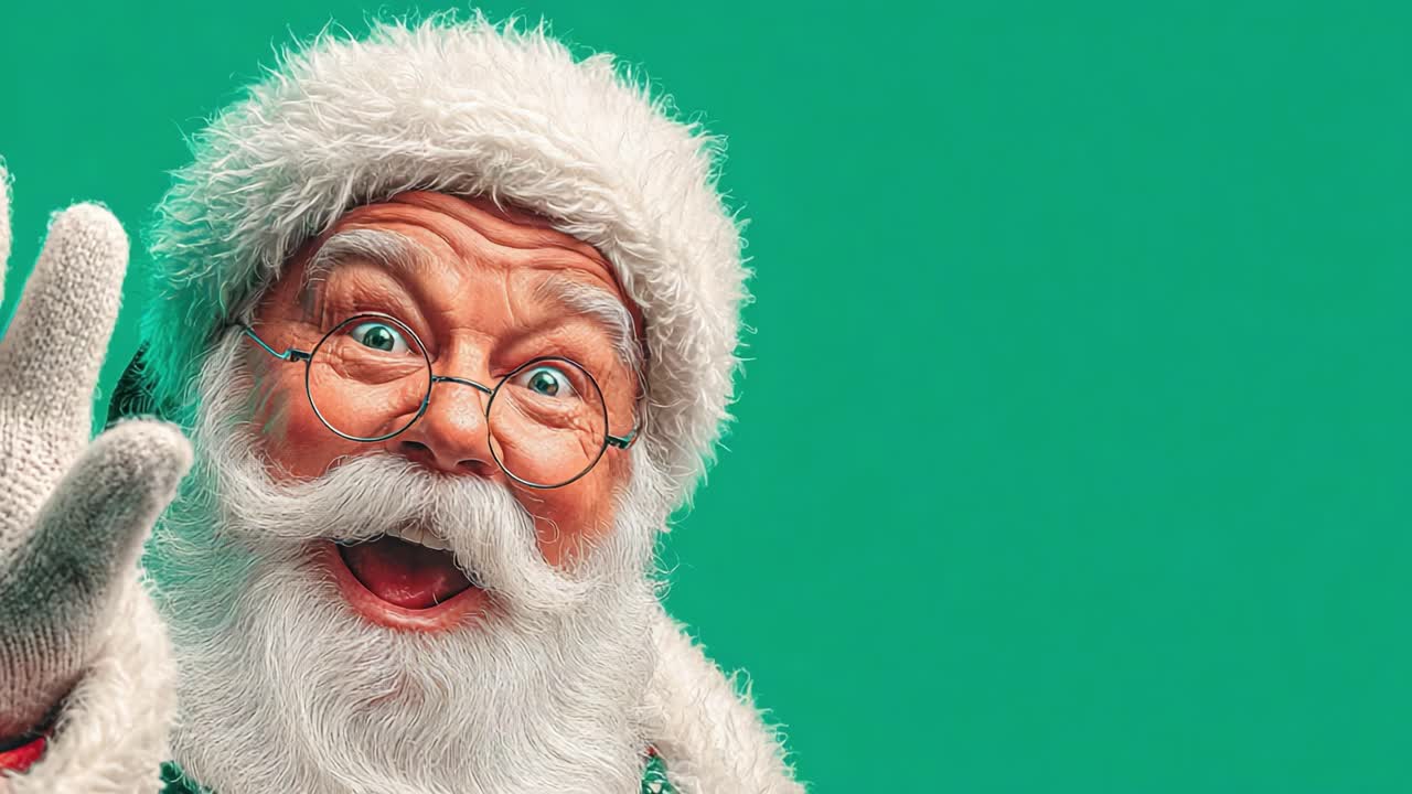 Cheerful Character in Festive Attire Greets with Delightful Expression Against a Vibrant Green Background, Capturing the Spirit of the Holiday Season in a Jolly Atmosphere