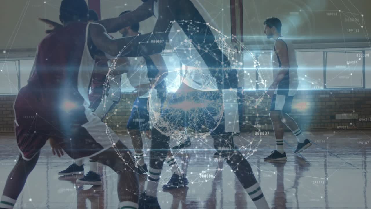 Basketball player securing ball driving rim sprinting dunking to score with globe occluding players