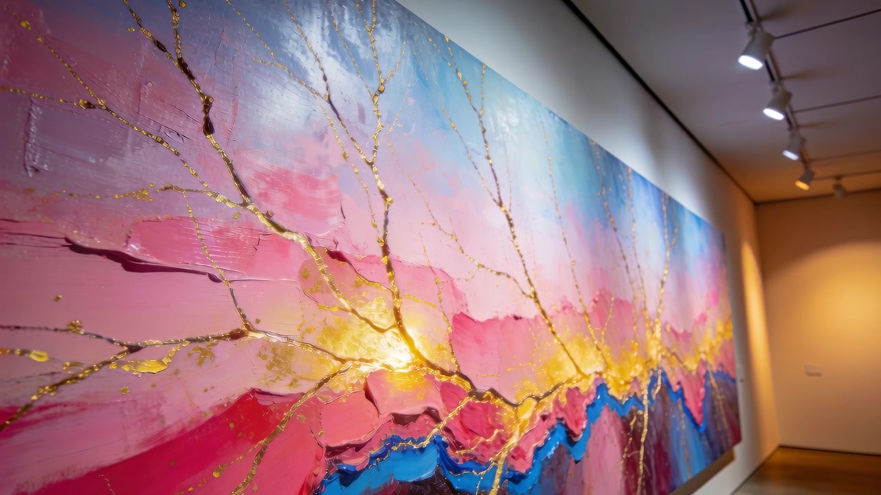 カメラがギャラリーの壁を右にパンしながら移動し、質感のある大きな絵画と金色の筋を現している。