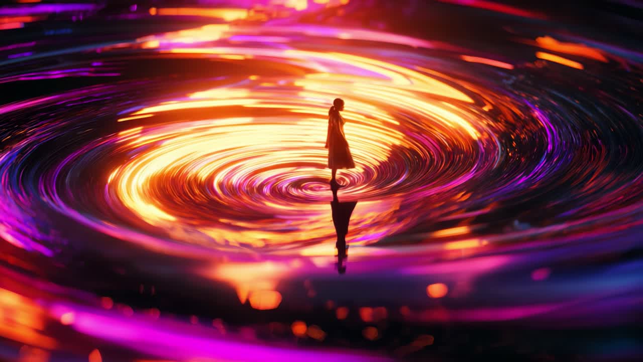 A stunning visual of a dancing silhouette in a mesmerizing swirl of vibrant colors, representing motion and beauty amidst a captivating, colorful vortex transformation