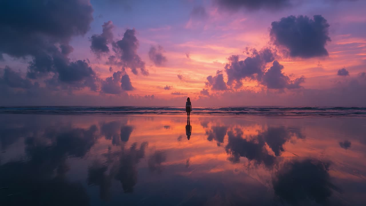 Captivating Serenity: A lone figure stands on a tranquil beach at sunset, surrounded by stunning reflections of vibrant clouds in the shimmering wet sand