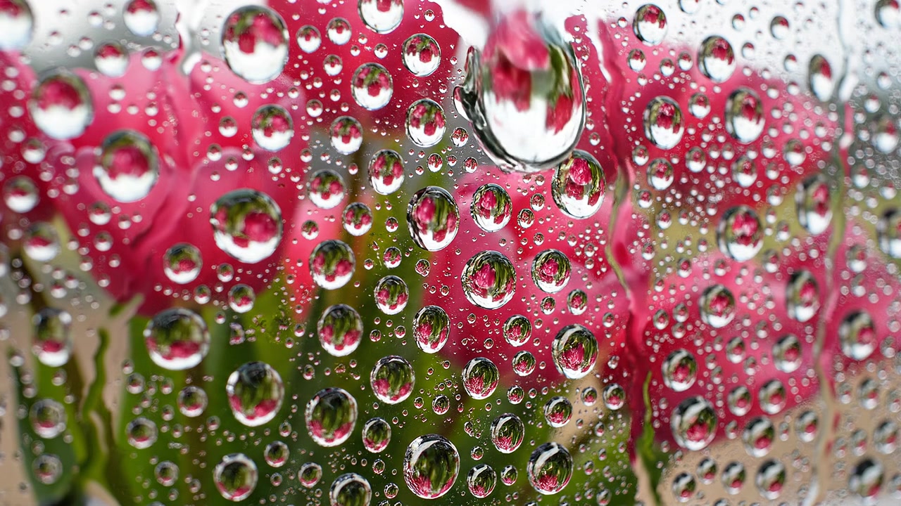 Tulipani rosa riflessi in goccioline d'acqua su una superficie di vetro