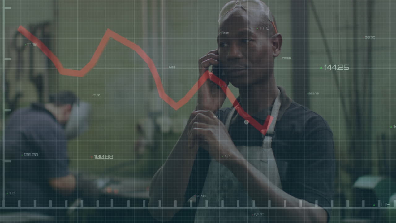 Animation of red lines and financial data processing over african american man on smartphone