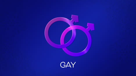 animation of text gay, with linked purple male gender symbols on blue background