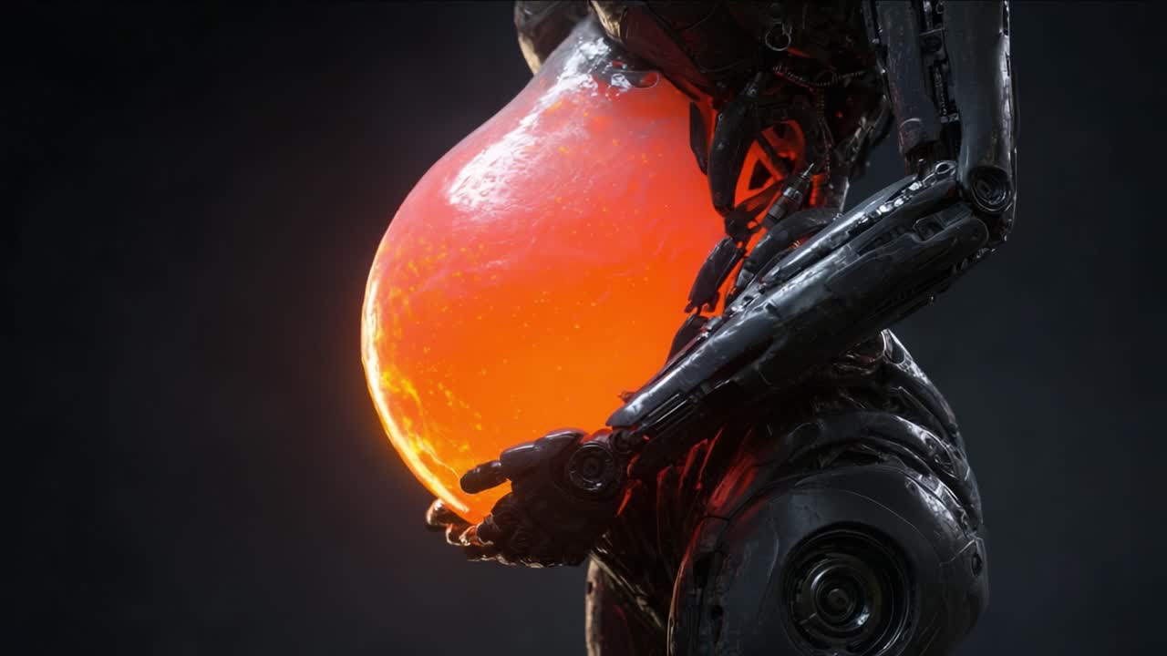 Robot futuristico che culla una sfera luminosa: una misteriosa combinazione di tecnologia e vita in un immaginario surreale che invita alla curiosità e alla meraviglia