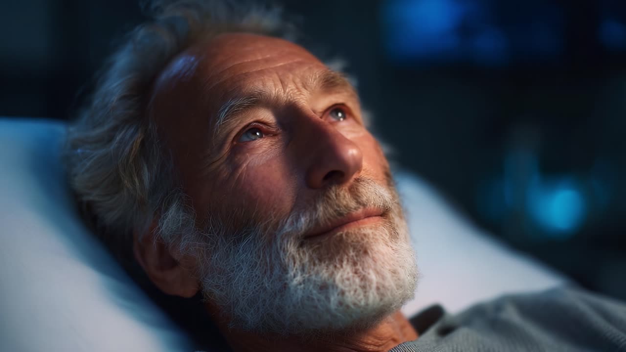 A serene moment capturing the peaceful expression of an elderly man resting thoughtfully, evoking feelings of tranquility, wisdom, and contemplation in a subdued atmosphere