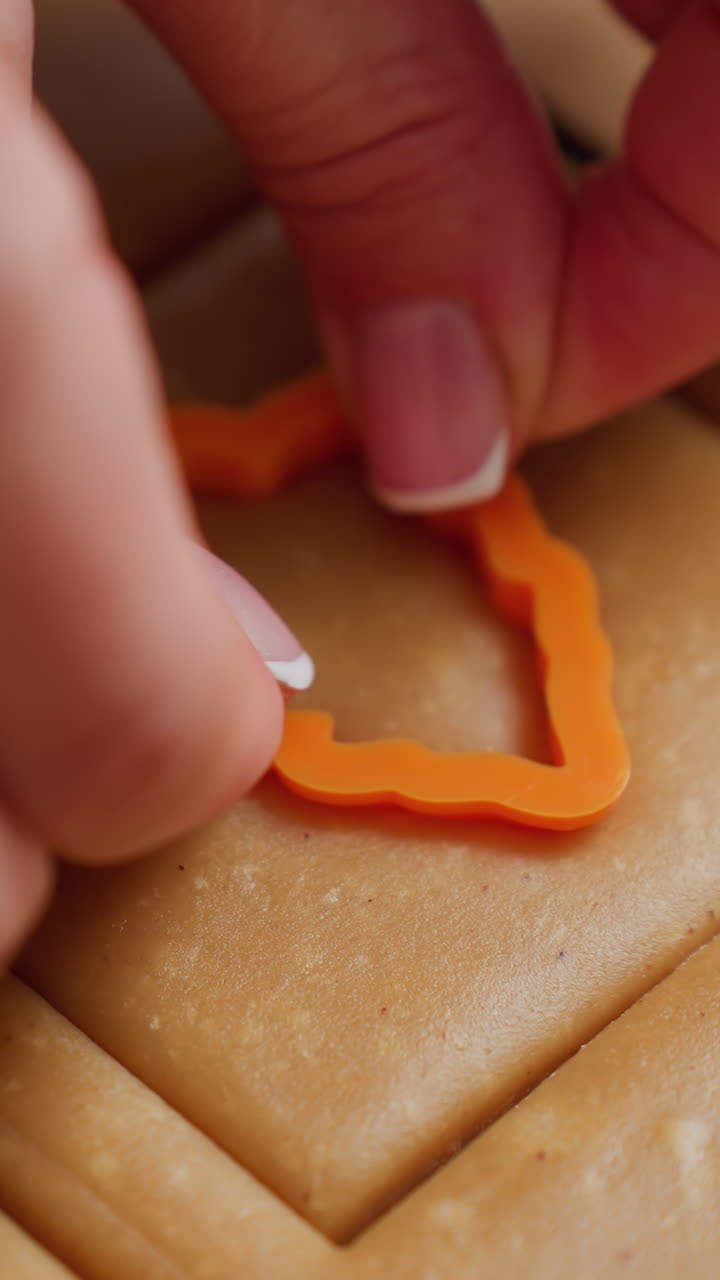close-up das mãos do chef usando um cortador em forma de morango dentro de uma forma quadrada na massa, pressionando cuidadosamente para cortar formas precisas de biscoitos