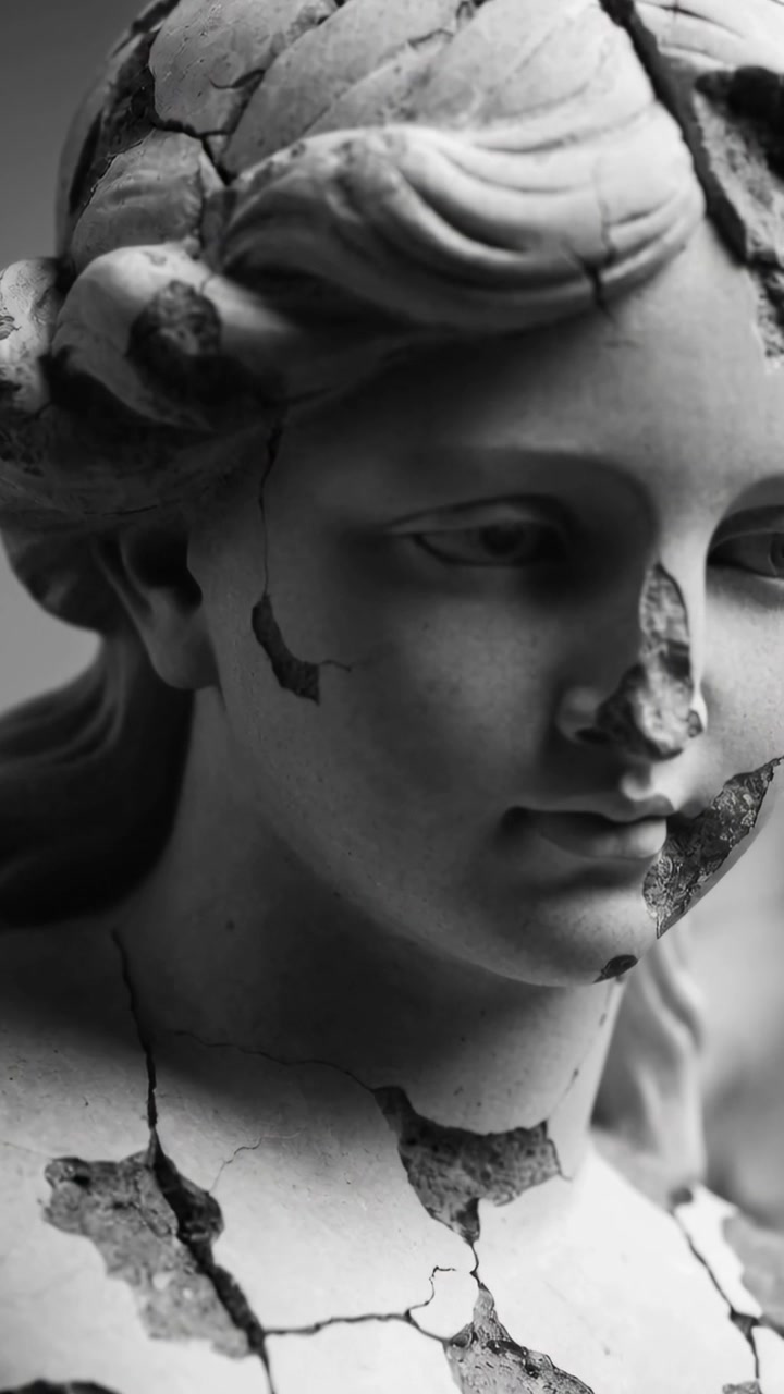 Video verticale: Panoramica della telecamera che documenta un busto femminile in gesso in studio, rivelando crepe superficiali.