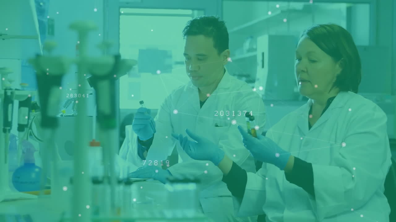 Animation of data processing and spots over caucasian scientists taking sample in lab