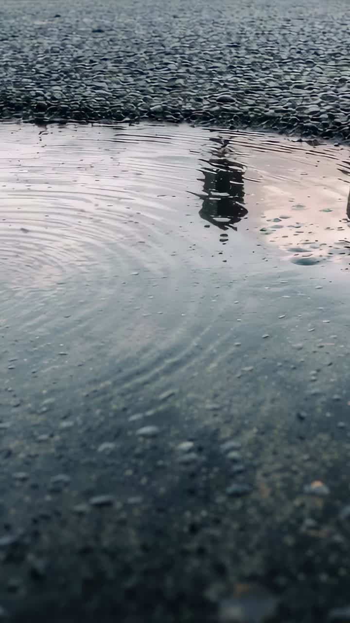 Vertical video: Raindrops striking shallow puddle creating ripple rings on asphalt, revealing lamp