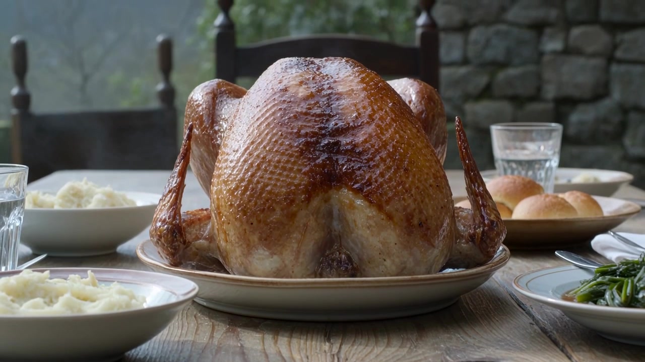 Cámara inclinándose y moviéndose sobre una mesa rústica, revelando un pavo humeante, puré de patatas y judías verdes.