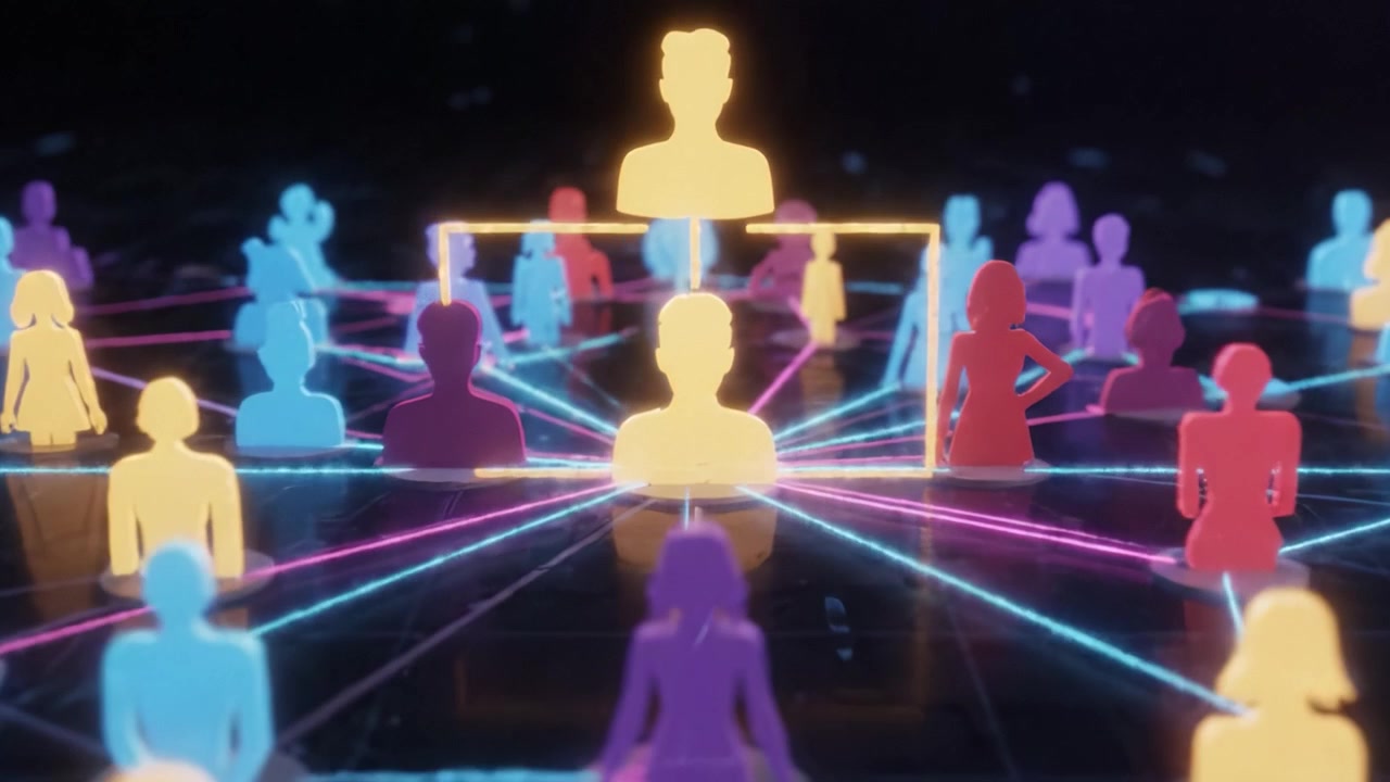 A Vibrant Network of Interconnected Figures Illustrating Complex Relationships in a Digital Environment with a Stylish Visual Design.
