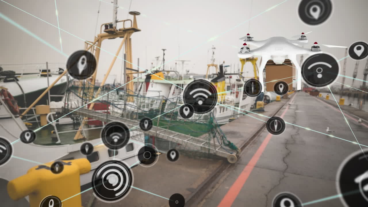 animación de iconos conectados sobre un dron volador que lleva una caja de cartón contra barcos estacionados en el muelle
