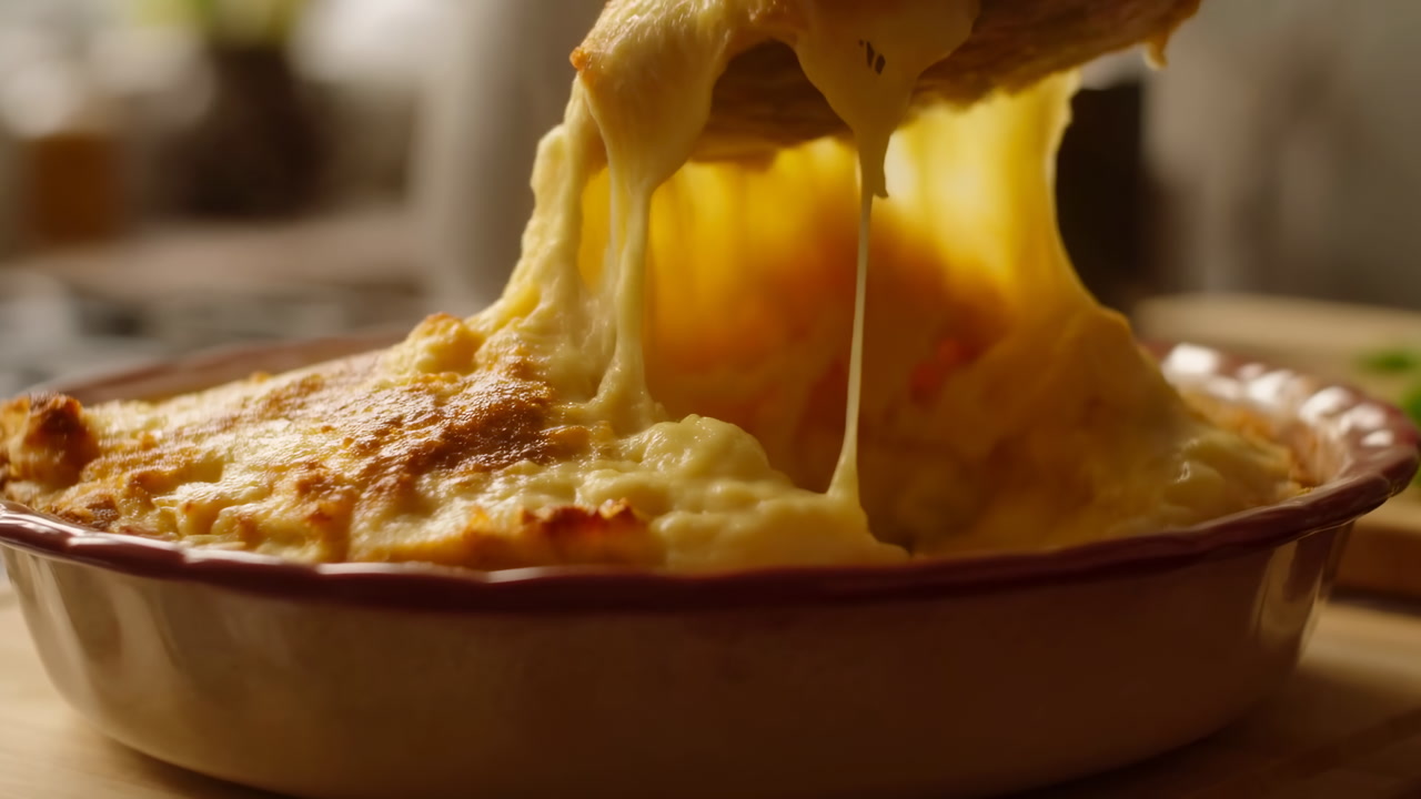 Serving Hot Baked Casserole with Stretchy Melted Cheese