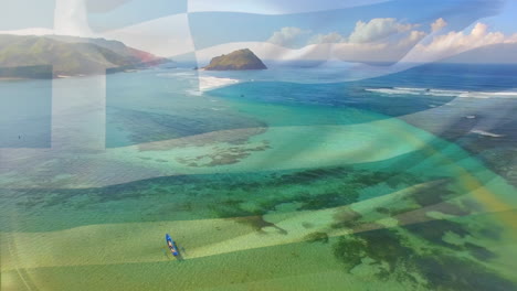 digital composition of waving greece flag against aerial view of the sea