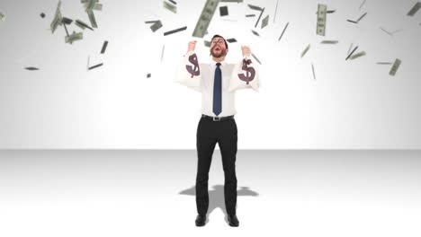 composite video of businessman holding money bags