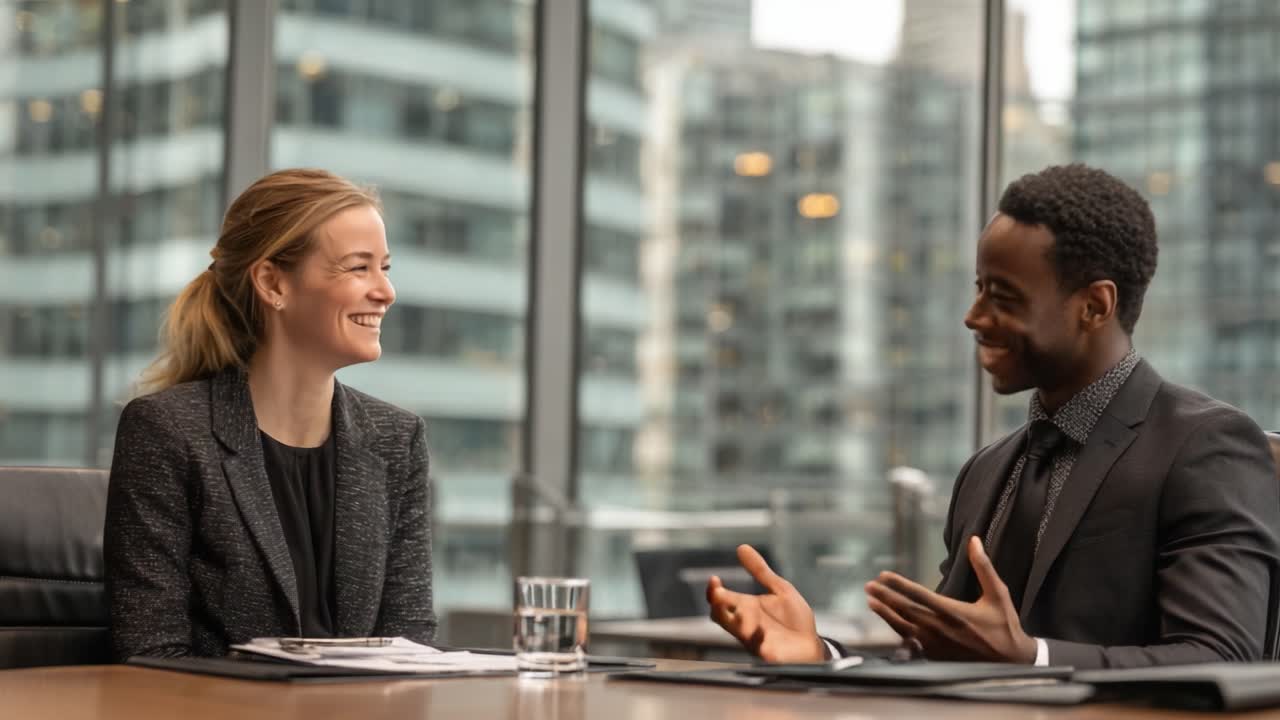 A Professional Conversation: Two Colleagues Engaged in a Friendly Discussion in a Modern Office Setting with an Urban Background