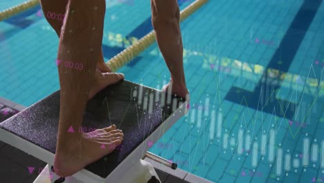 animation of data processing over caucasian male swimmer jumping