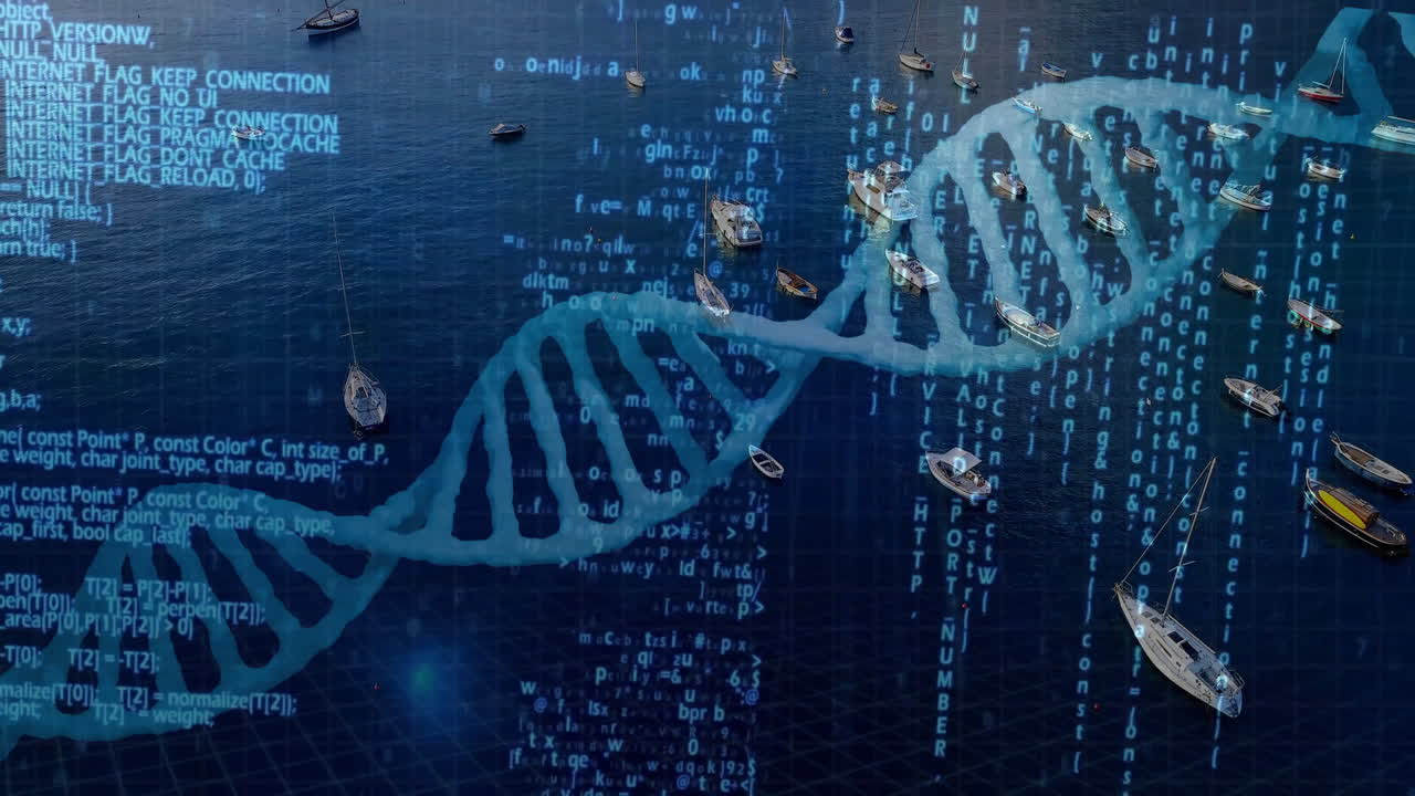 Animation of DNA strand and binary coding over boats on water, scientific data