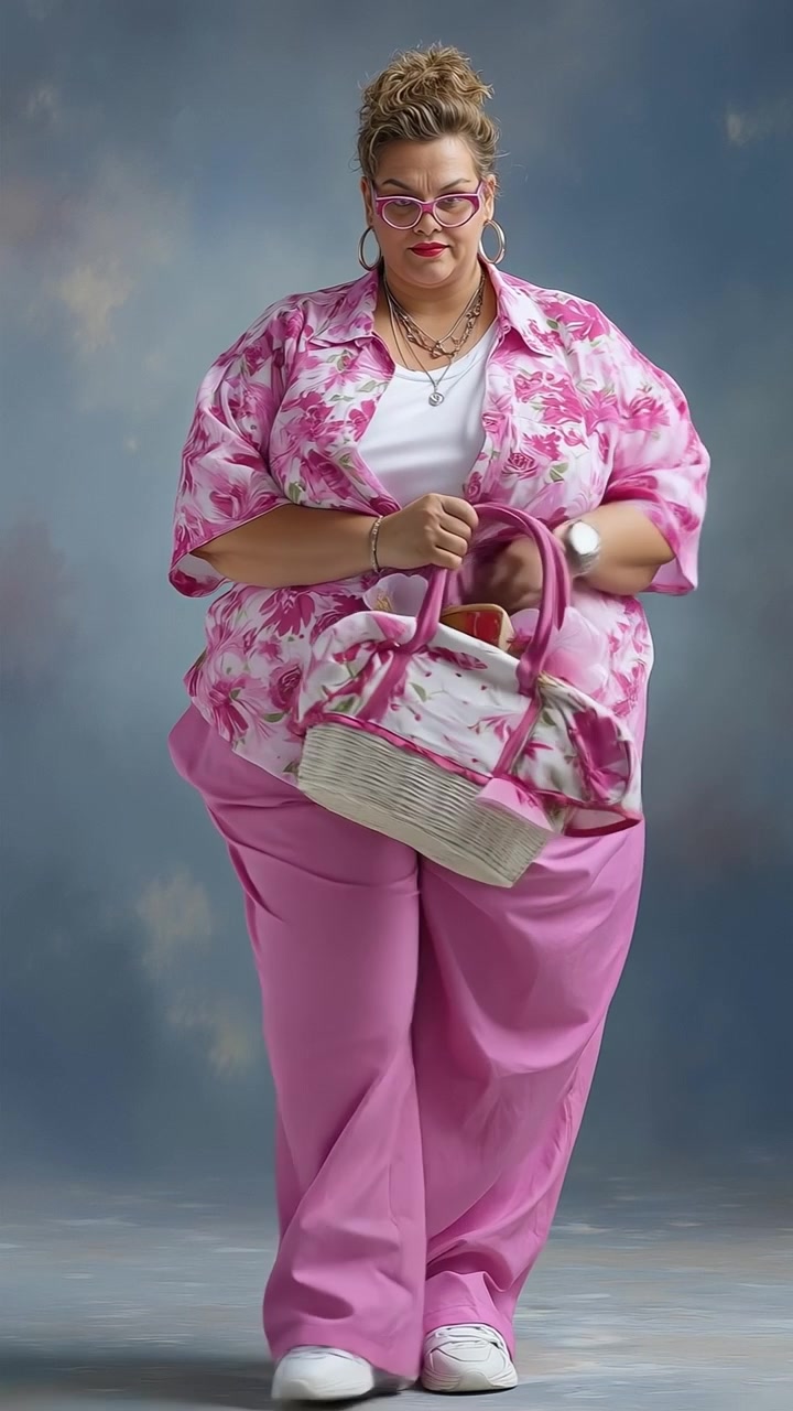 Vertikalt helkropsportræt af en plus size kvinde i et lyserødt blomstret sæt, der holder en fletkurv