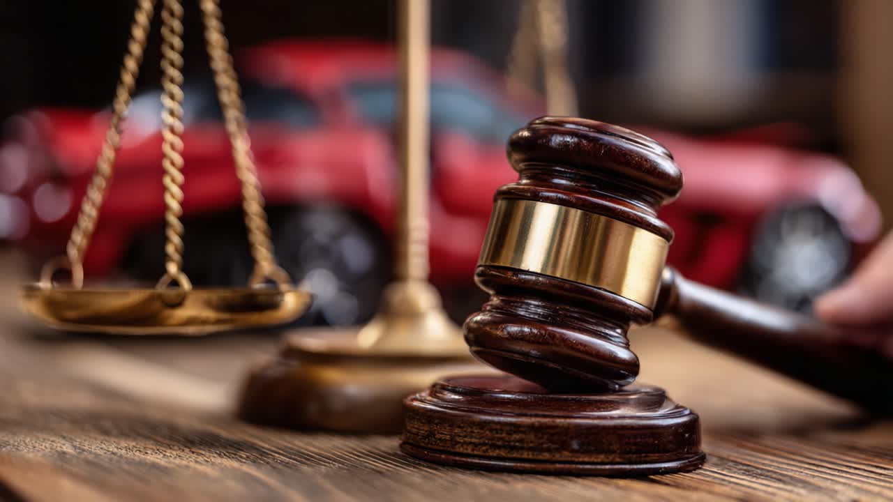 Primo piano di un martelletto e della bilancia della giustizia con un'auto rossa sullo sfondo, a simboleggiare legge, giustizia e procedimenti legali nella società moderna
