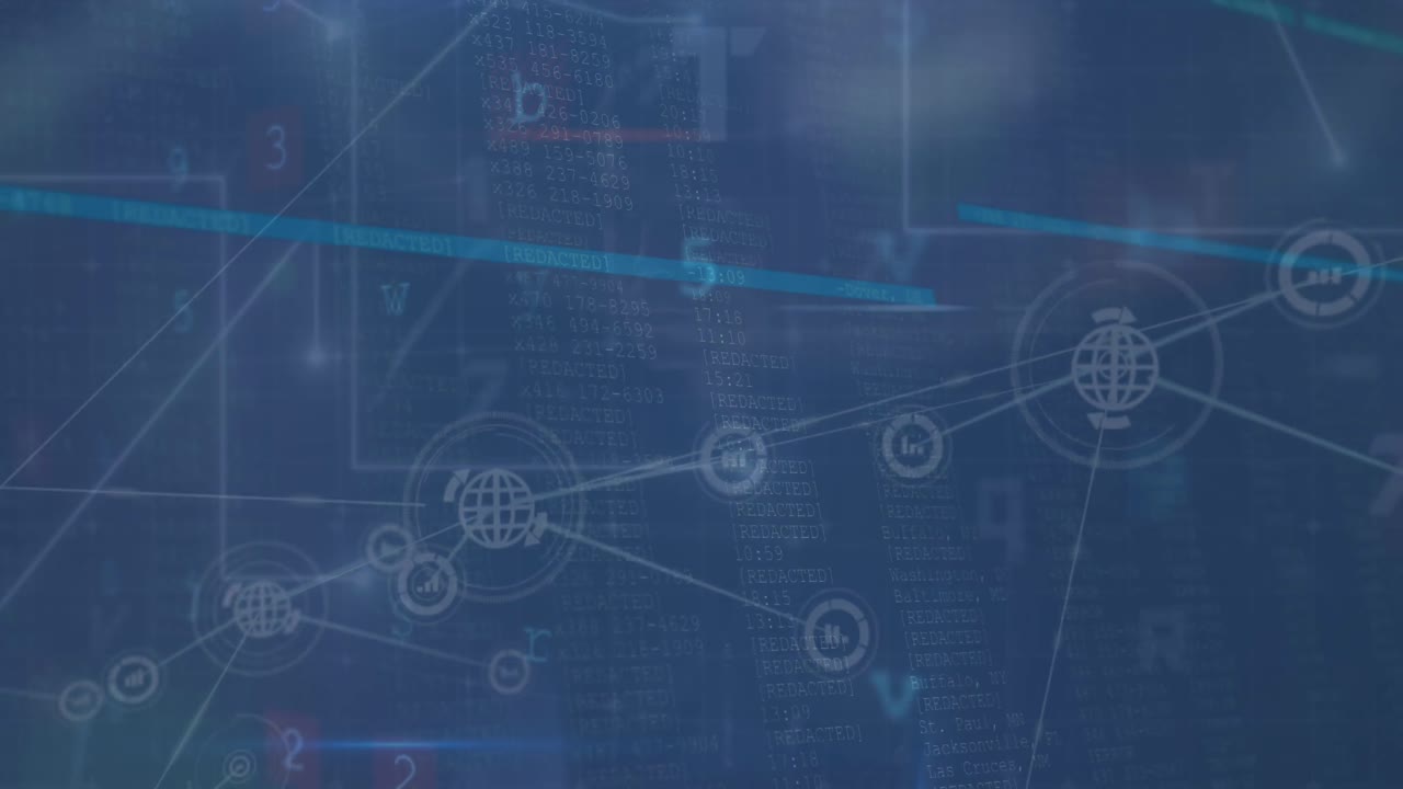 animación del procesamiento de datos sobre iconos de globo