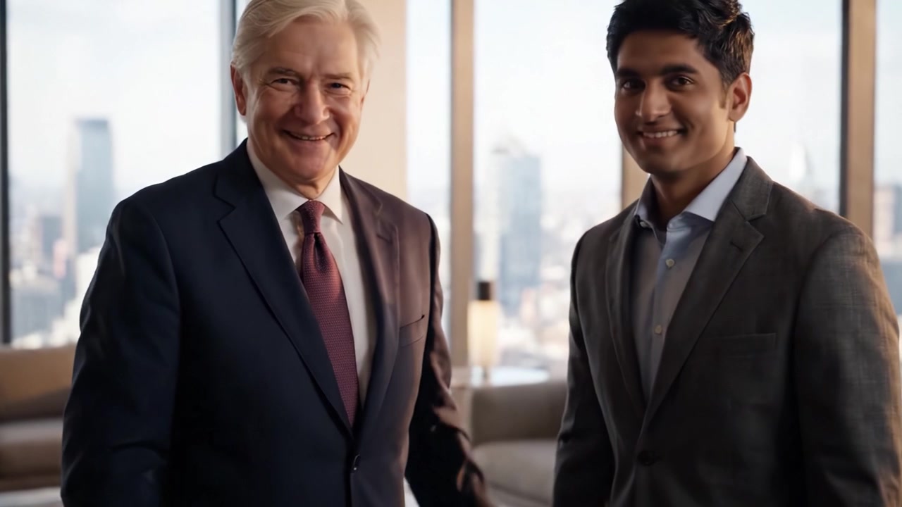 Two Professionals Stand Together in an Elegant Office with a Stunning Cityscape View, Highlighting Collaboration and Success in Business Environment