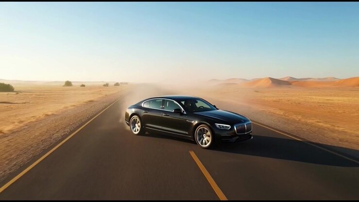 Black Luxury Sedan Drifting on Desert Highway