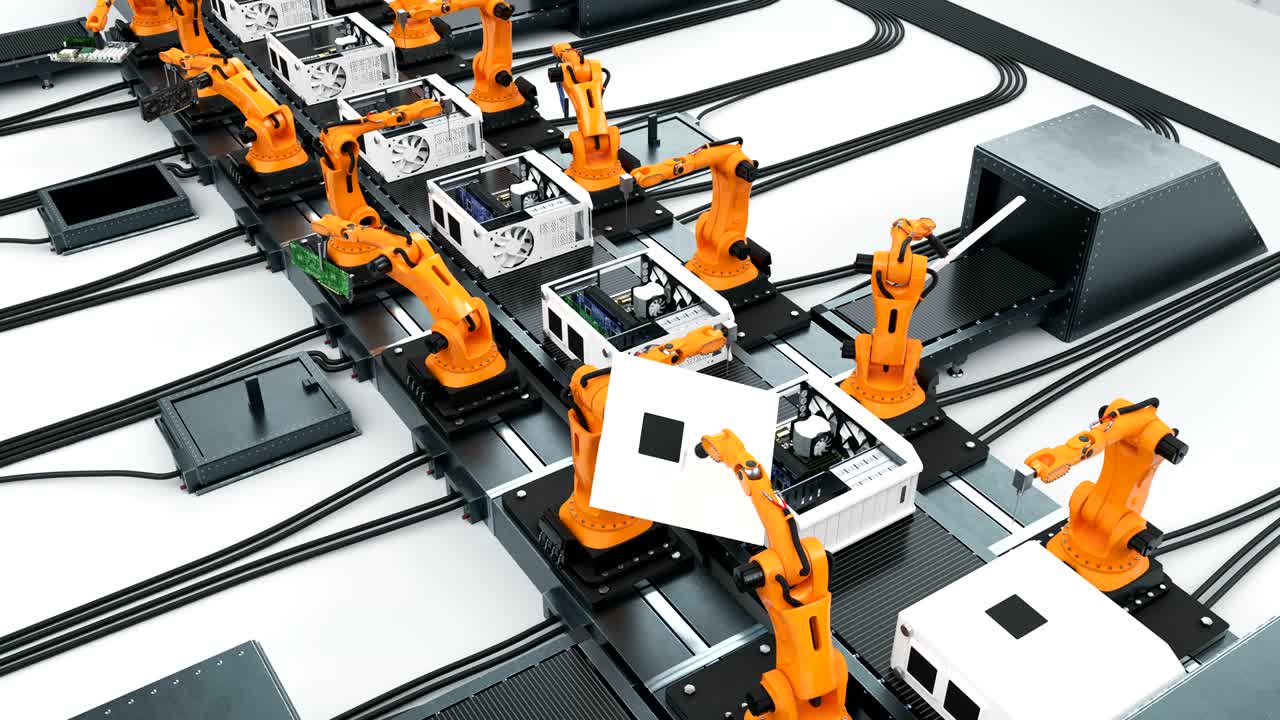 Many Robotic Arms Assembling Computers On Conveyor Belt. Modern Advanced Automated Process. Looped 3d Animation. Business and Technology Concept.
