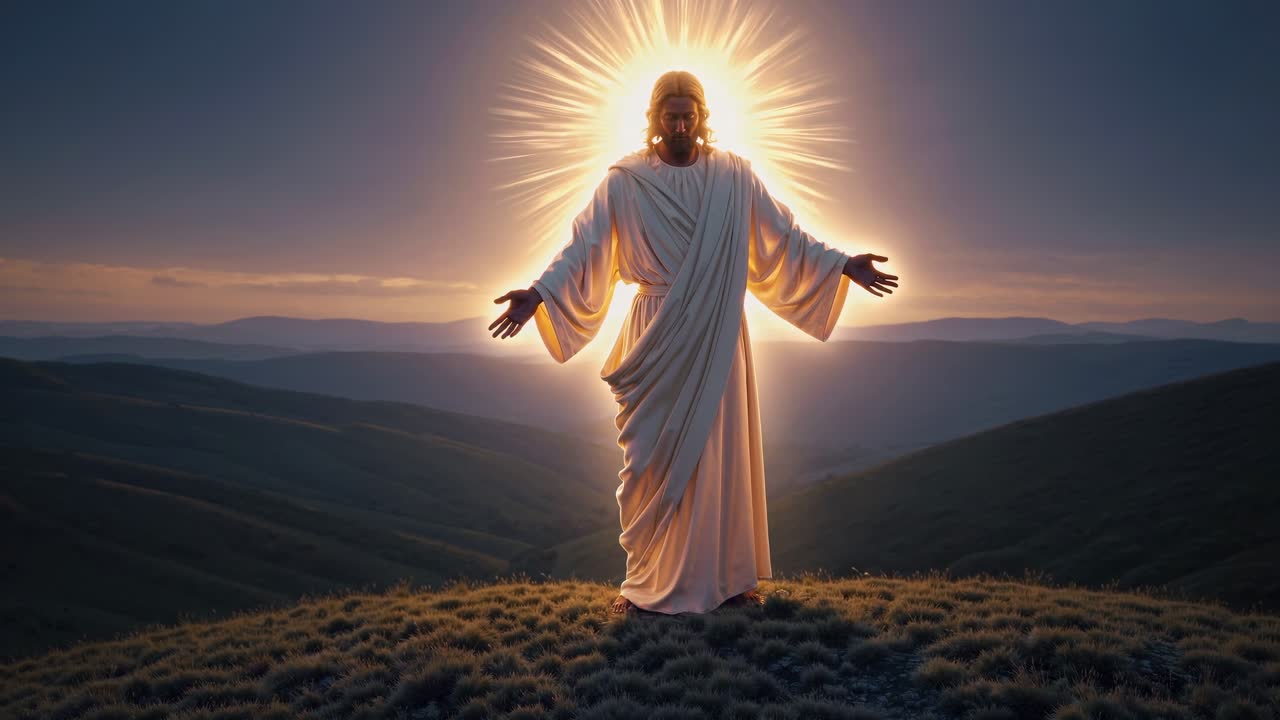 A divine figure stands on a hilltop, backlit by a radiant halo, captured from a low angle