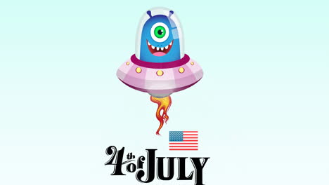 animation of 4th of july text with smiling allien over blue background