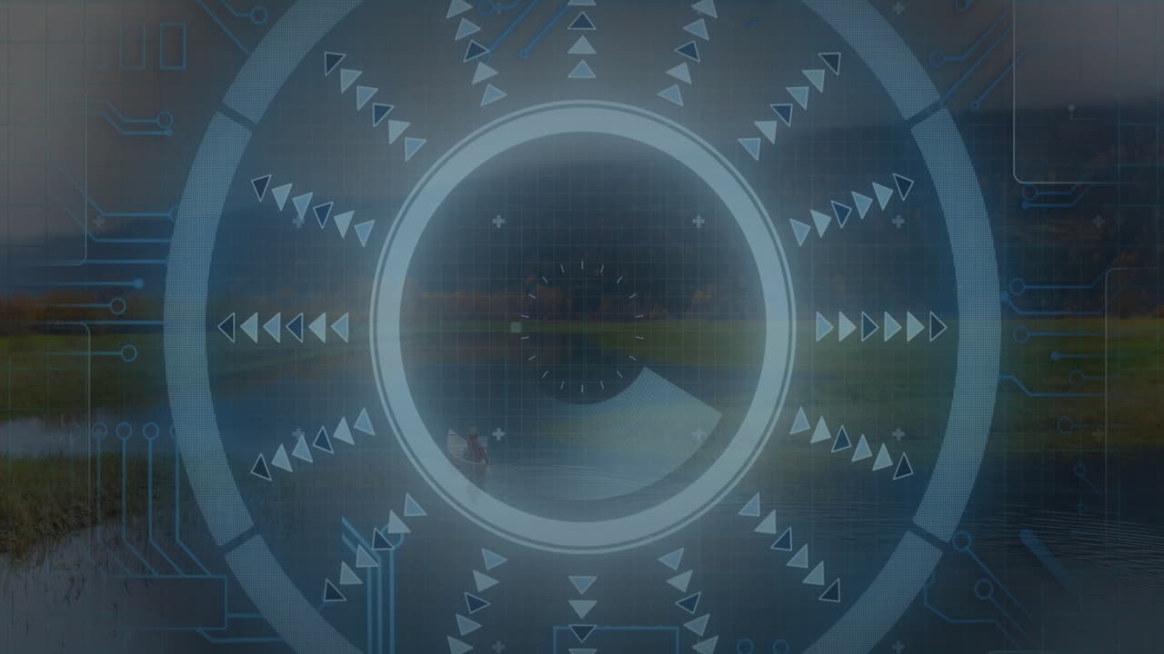Animation of futuristic circular interface with arrows and symbols in school setting